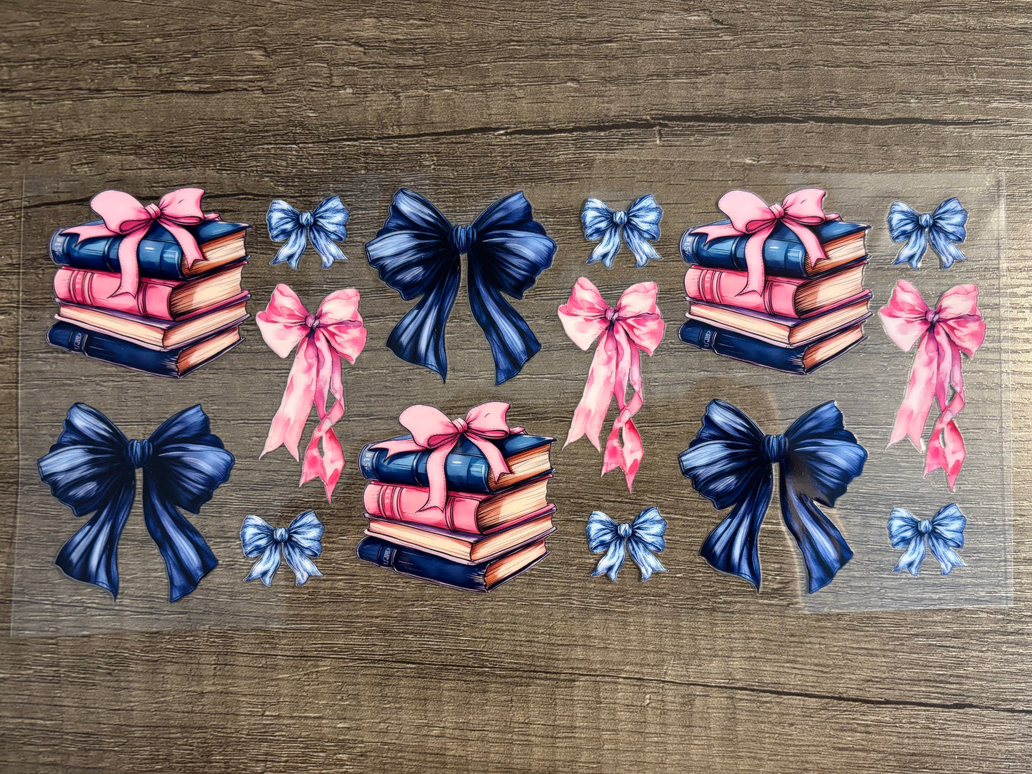UV DTF Glass Cup - Pink and Blue Book Stack and Bows