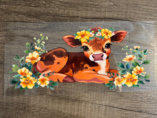 UV DTF Glass Cup - Brown Cow with Flower Crown