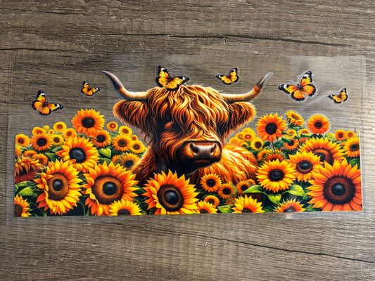 UV DTF Glass Cup - Highland Cow in Sunflowers
