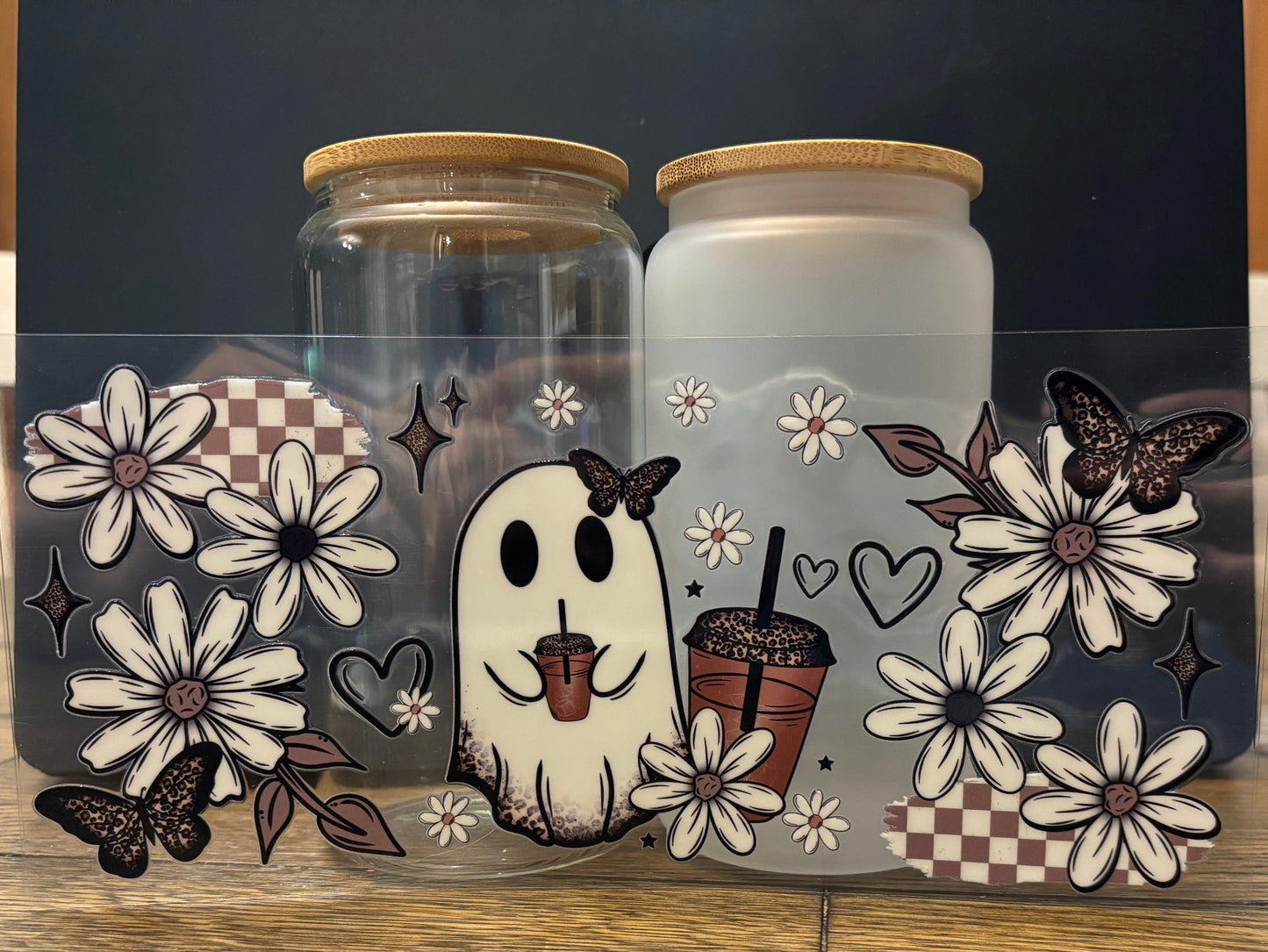 UV DTF Glass Cup - Iced Coffee Ghost and Flowers