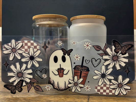 UV DTF Glass Cup - Iced Coffee Ghost and Flowers