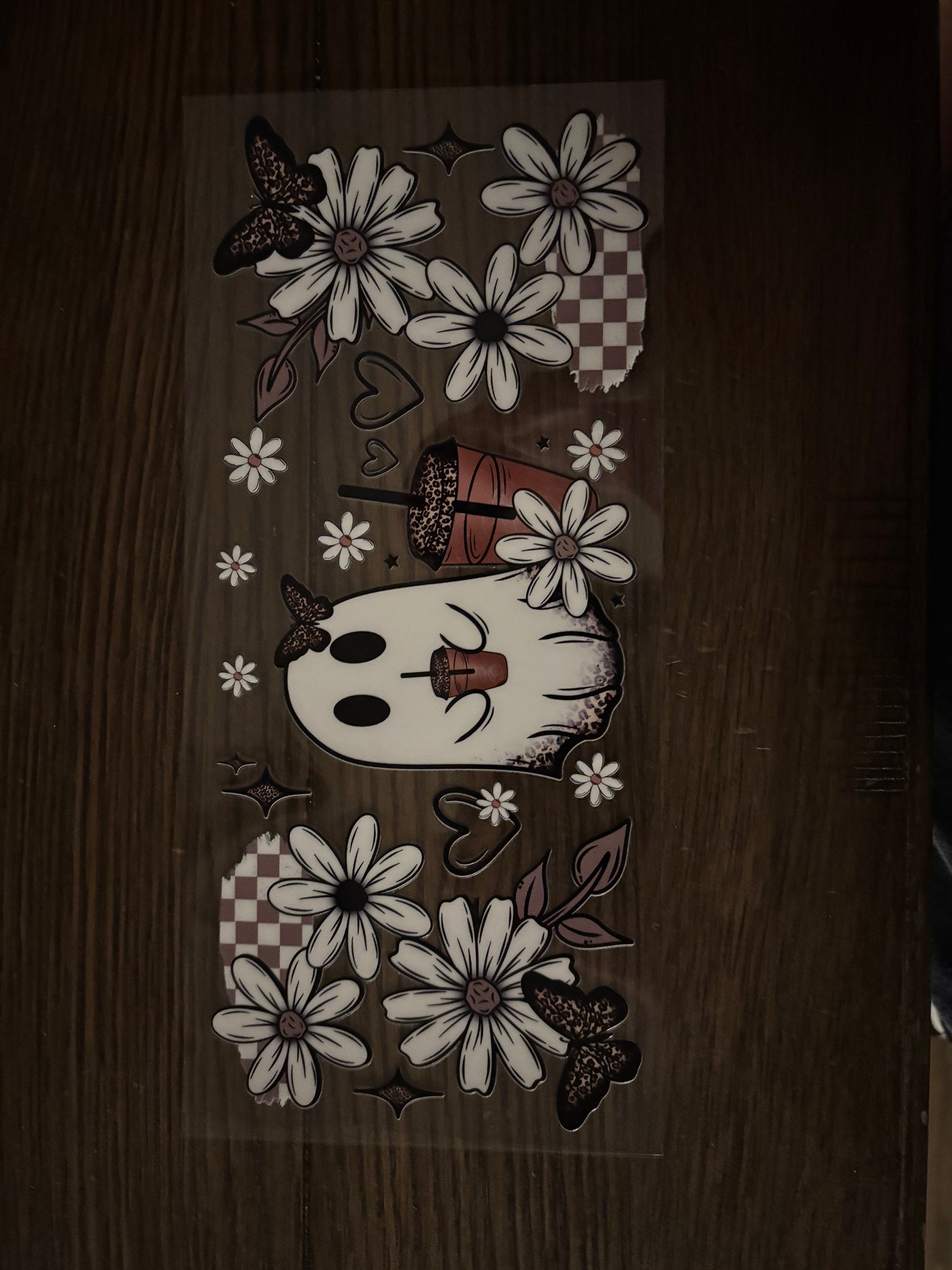 UV DTF Glass Cup - Iced Coffee Ghost and Flowers